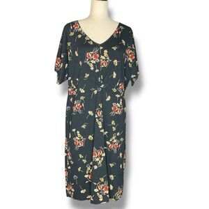 Pact Navy Blue Floral V-Neck Short Sleeve Twist Waist Midi Dress Size XLarge